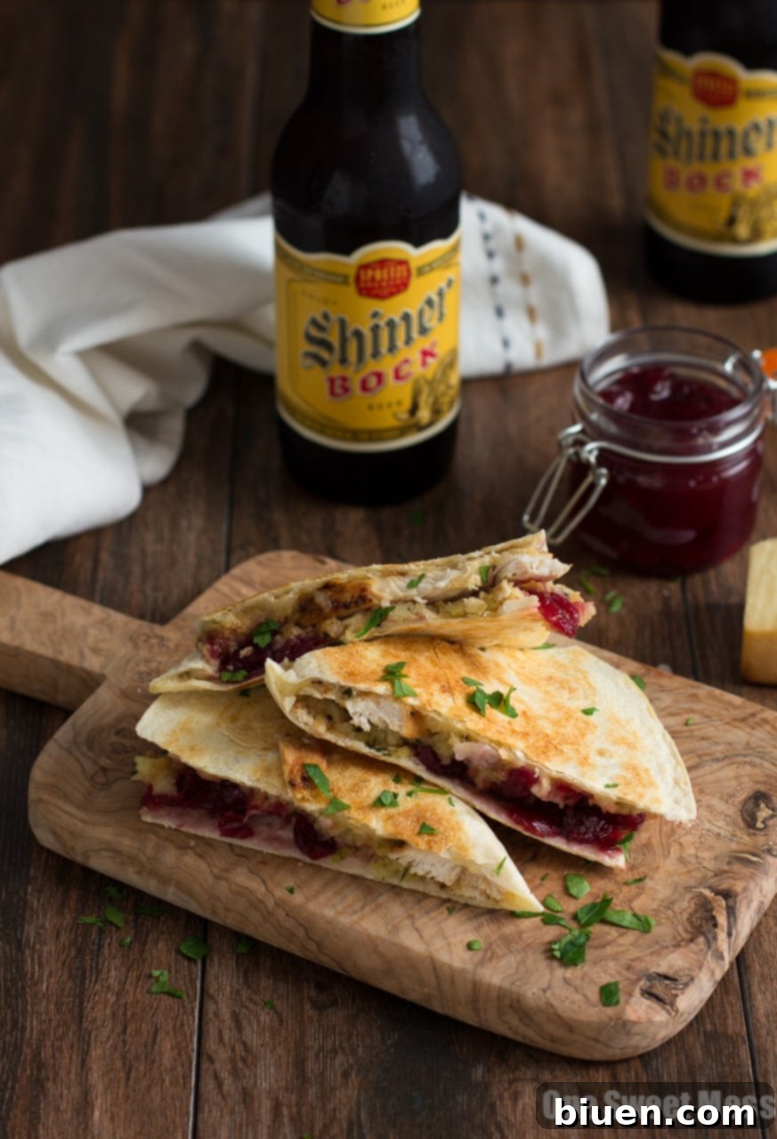 Thanksgiving Leftover Quesadilla: A close-up of the delicious filling with turkey, stuffing, cranberry sauce, and smoked cheese inside a golden-brown tortilla.
