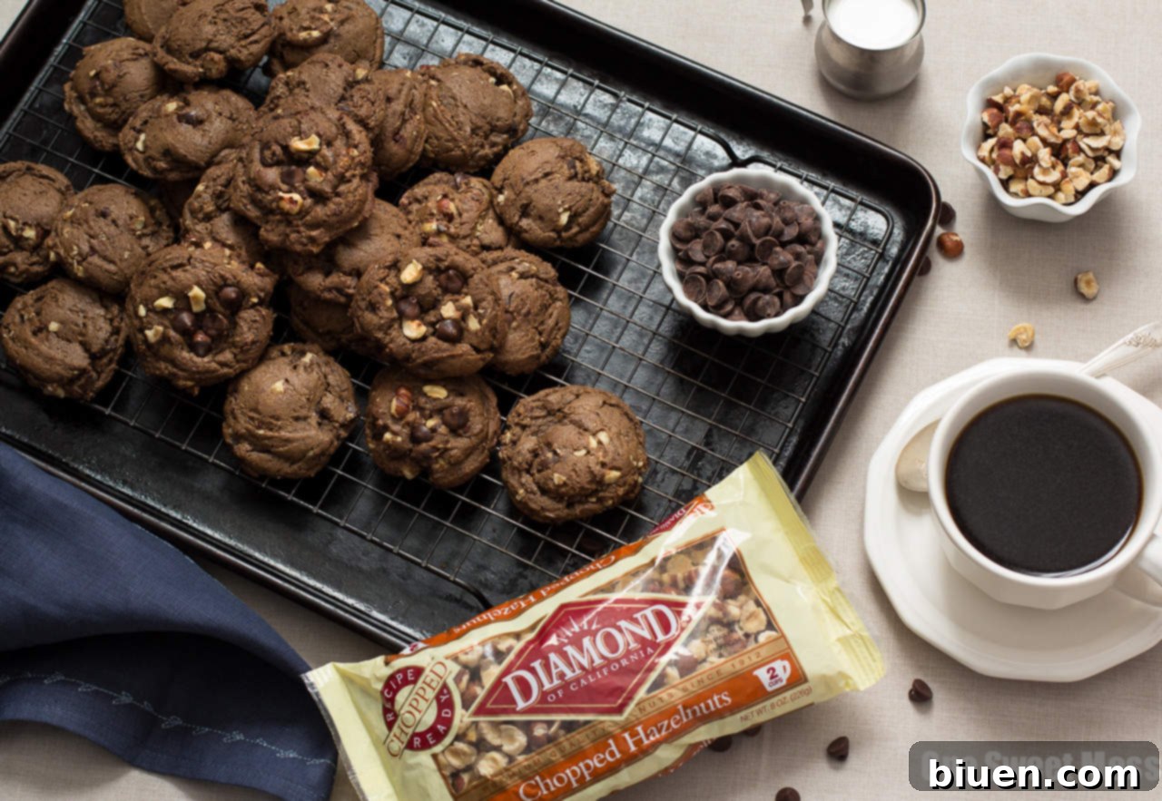 Close-up of baked Chocolate Espresso Toasted Hazelnut Cookies