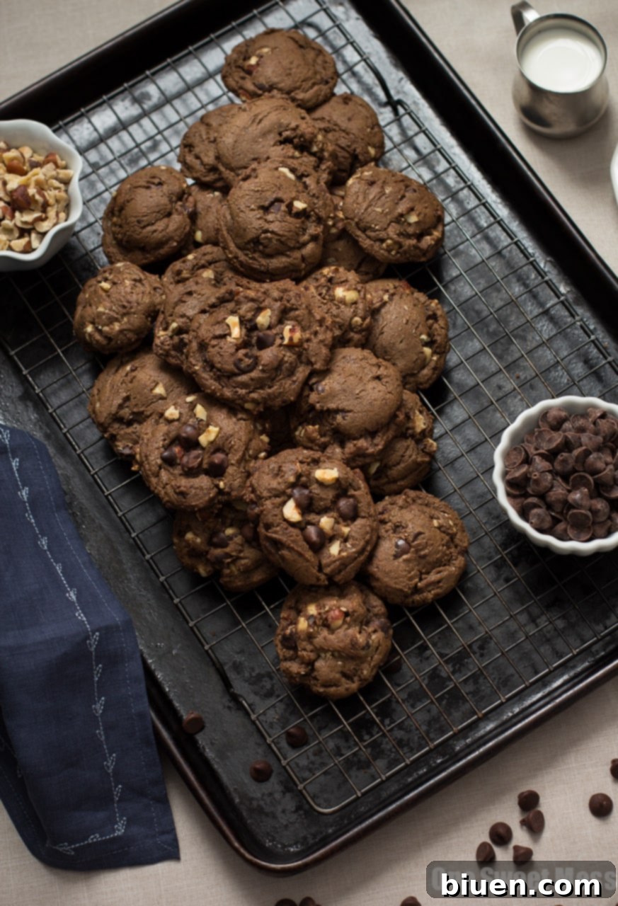 Freshly baked Chocolate Espresso Toasted Hazelnut Cookies on a cooling rack