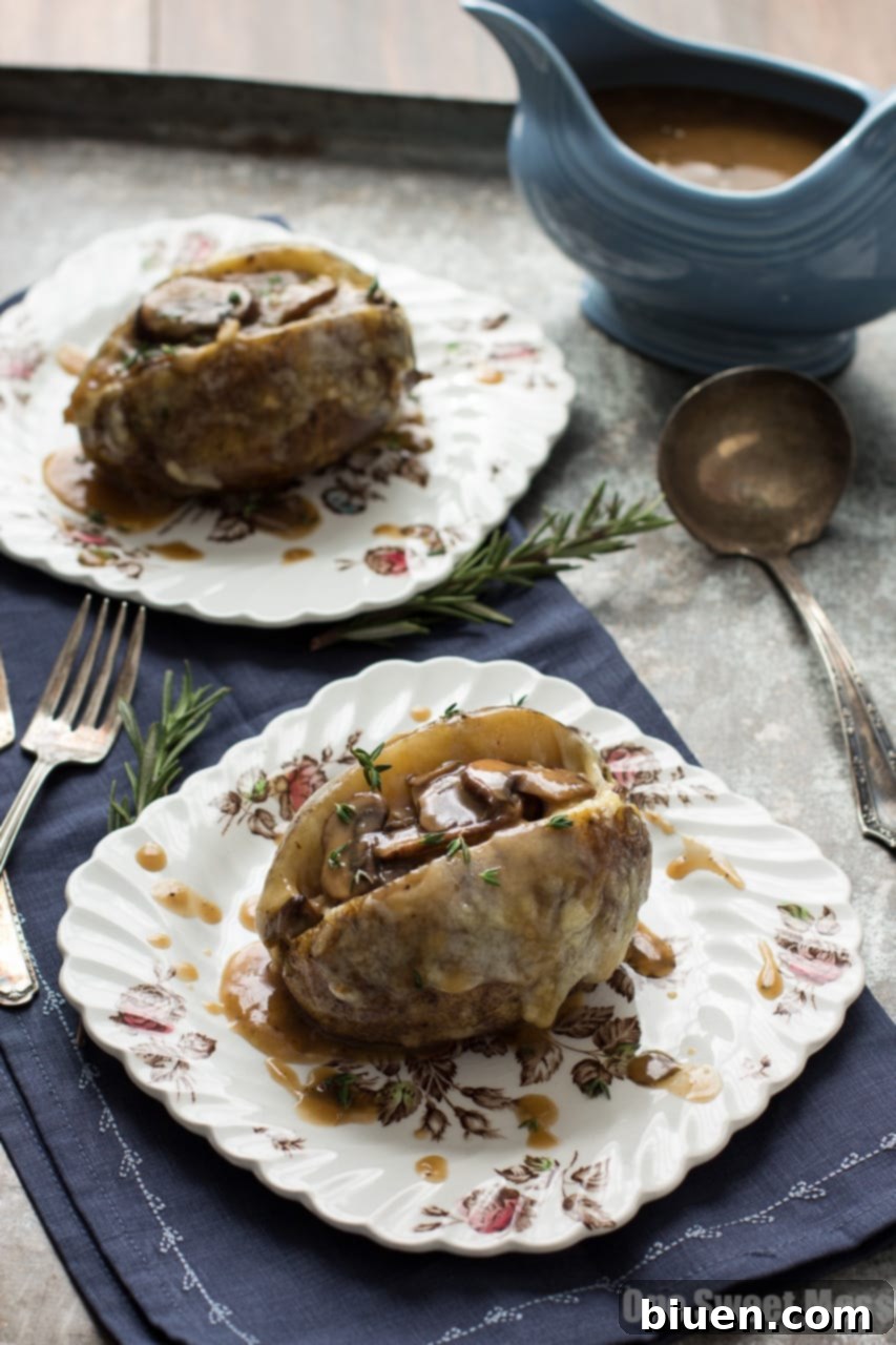 Mushroom Gravy & Swiss Cheese Stuffed Baked Potatoes