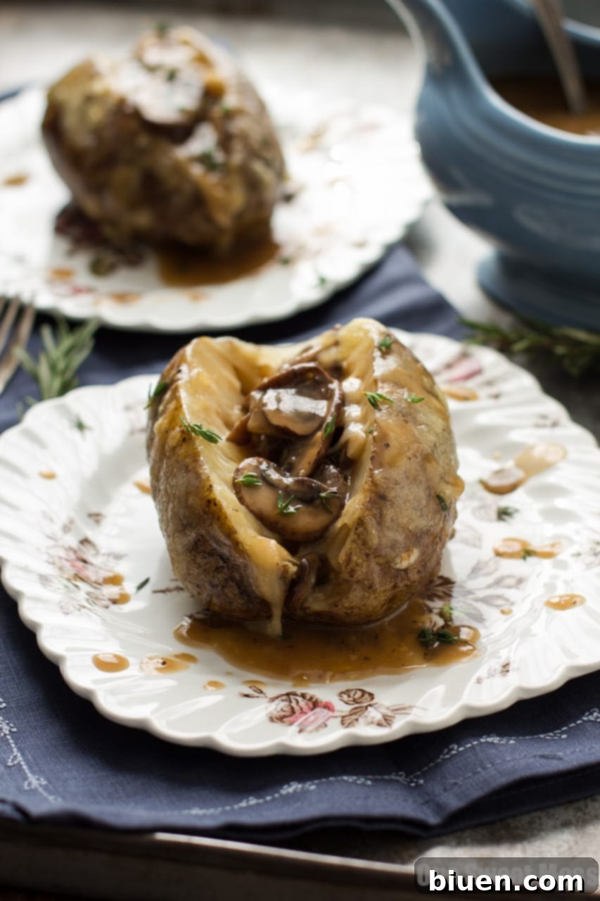 Mushroom Gravy & Swiss Cheese Stuffed Baked Potatoes