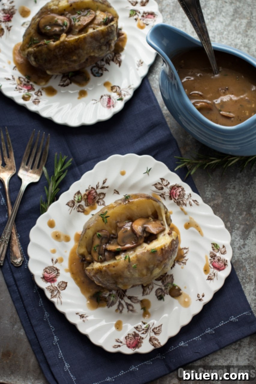 Mushroom Gravy & Swiss Cheese Stuffed Baked Potatoes