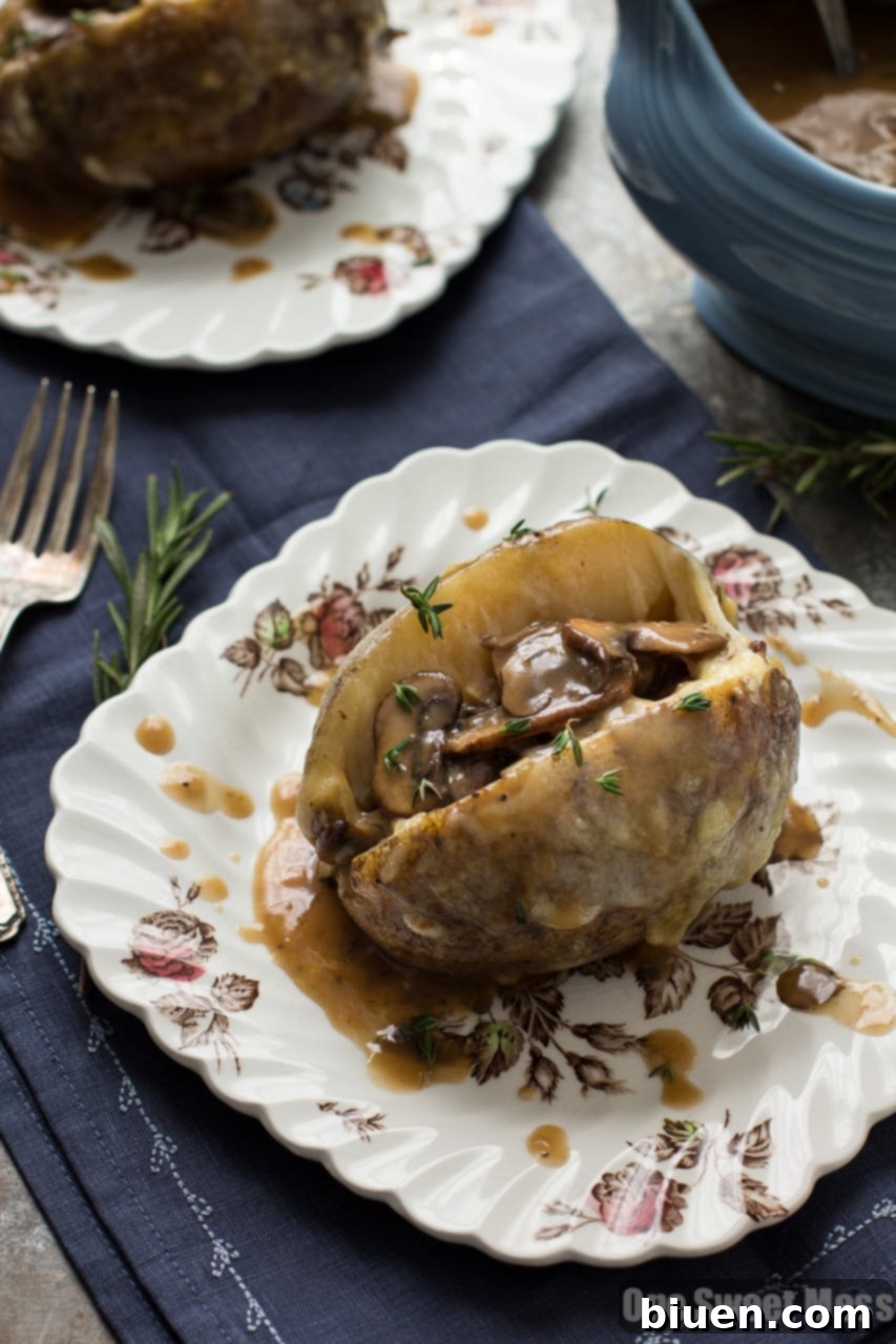 Mushroom Gravy & Swiss Cheese Stuffed Baked Potatoes