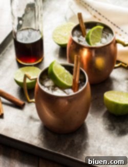 Mid-Winter Mule cocktail with bourbon, Pimm's No.1, ginger beer, and cinnamon simple syrup