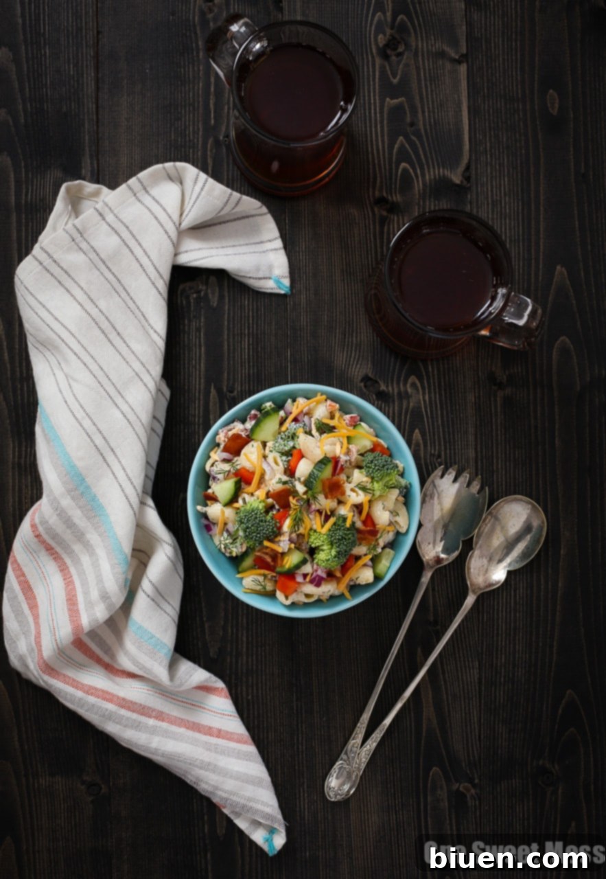 Cheddar Bacon Ranch Pasta Salad: This veggie-loaded pasta salad gets drenched with Greek yogurt ranch dressing and loaded with shredded cheddar cheese and crispy bacon crumbles. 